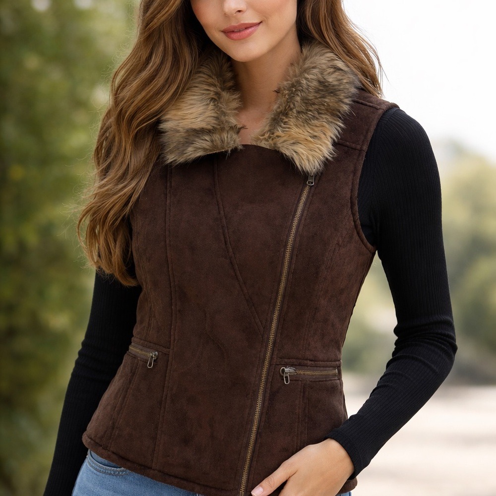Live a Little Womens Faux Suede Fur Trim Moto Vest‎ Brown Small